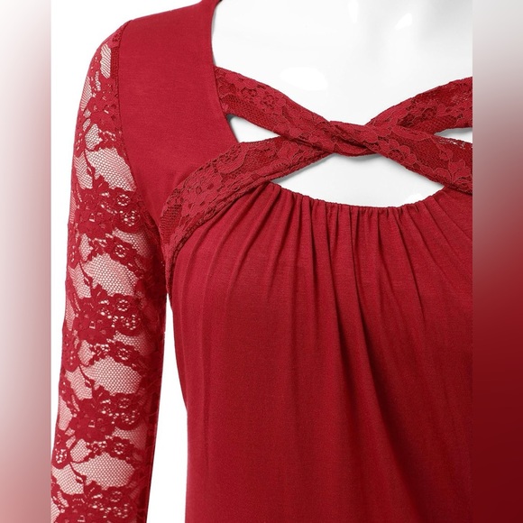 Vivalace Red Lace 3/4 Length Sleeve Ruched Shirt / Top - S - Picture 4 of 6